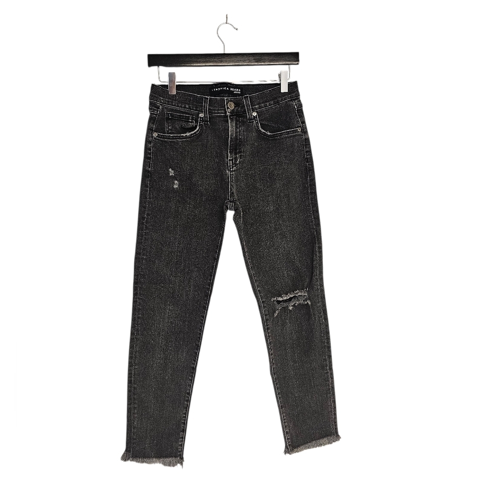 Veronica Beard Benzi Y2K Midrise Black Gray Distressed Ankle Skinny Jeans 25